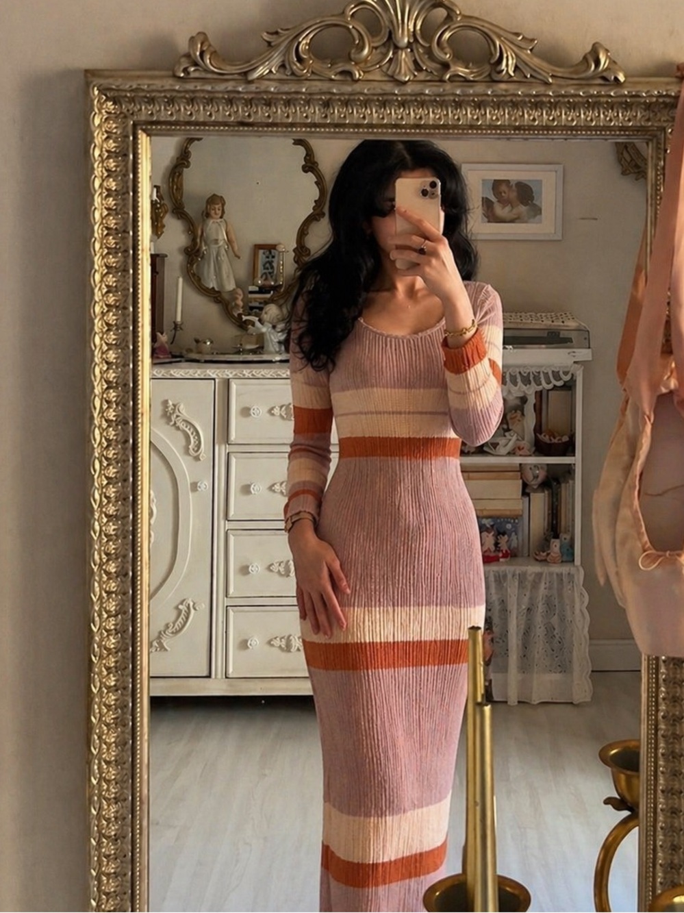 Striped Long-Sleeve Ribbed Midi Dress in orange and Cream